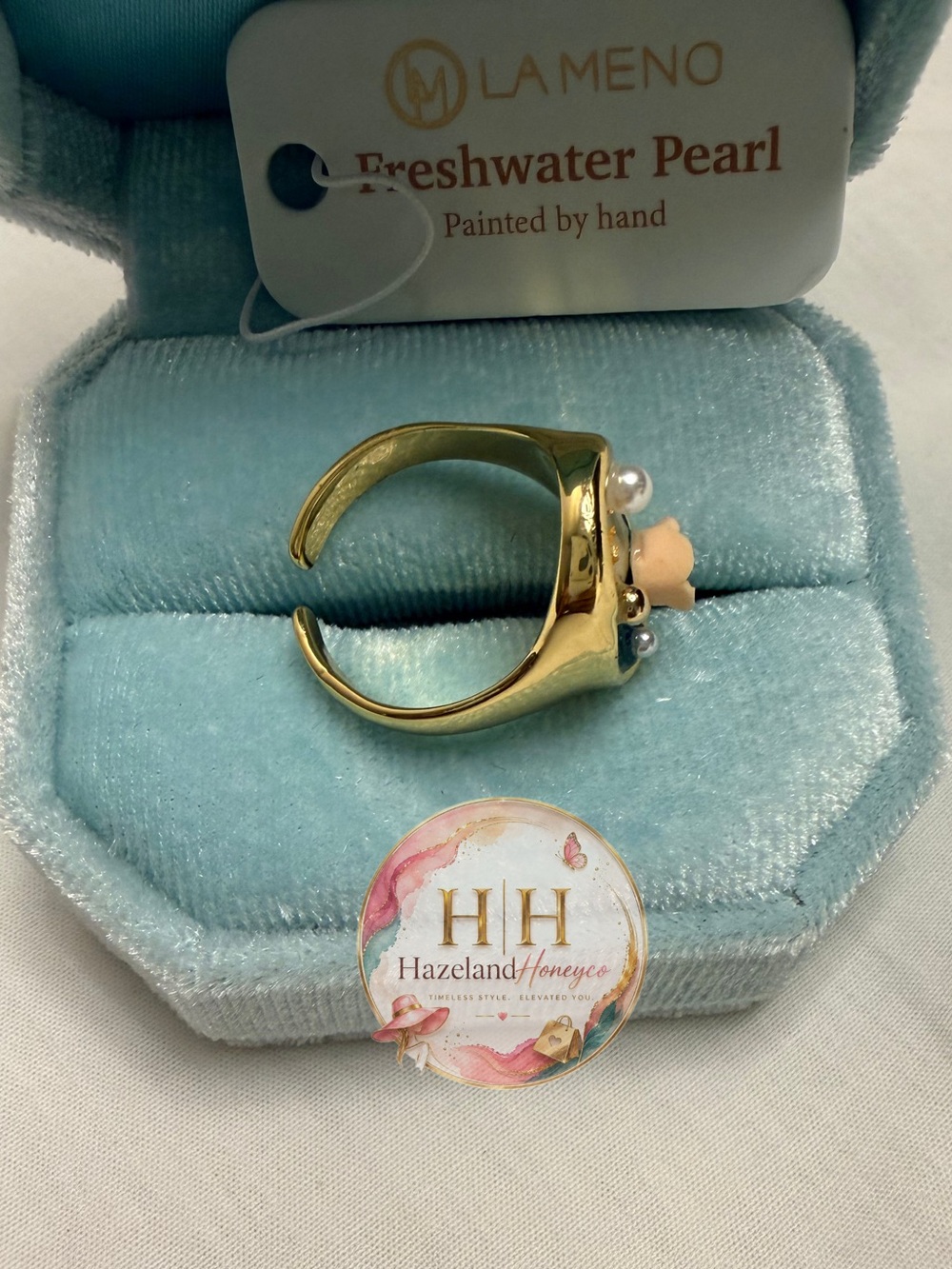 NWT:La Meno Freshwater Pearl Floral Ring in Blue and Gold - Picture 3 of 4
